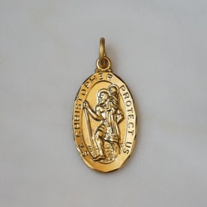 St. Christopher Protect Us Medal / Mid Century Estate C1960 Gold Vermeil Sterling Silver Oval Shaped Saint Christopher Medal Pendant  1.75&quot;