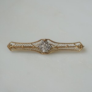 Art Deco Diamond Bar Pin / Antique Estate Circa 1920 10K Gold Intricate Filigree 0.35ct Round Brilliant Diamond Art Deco Bar Pin  2&quot;