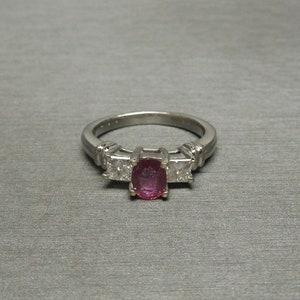 Vintage Estate Platinum 1.30TCW Oval Ruby Solitaire & Square Diamond Three-Stone Ring / Platinum Ruby Engagement Ring  Sz 4.75