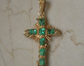 Mid-Century Emerald Cross / Vintage Estate C1960 18K Gold 5.00TCW Traditional Emerald cut Colombian Emerald Cross Pendant  2.25" x 1"