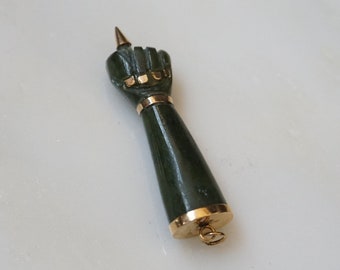 10K Gold Jade Figa Fist / Unisex Men's Antique Estate C1930 10K Gold Natural Green Jade 'Figa Fist' Charm Pendant / Gold Jade Pendant  2"