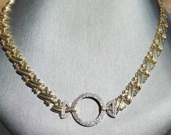 Diamond Circle Gold Link Necklace / Vintage Italian Estate 14K Gold Retro Art Deco Link 1.55TCW Diamond Open Circle Halo Necklace  17.25"