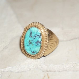 Egyptian Turquoise Ring / Unisex Mid Century Estate C1960 Gold Vermeil Sterling Silver Turquoise Statement Ring / Men&#39;s Turquoise Ring Sz 11