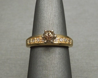 Vintage Estate 14K Gold 0.56TCW Cognac Diamond Solitaire & White Diamond Wide Band Ring / Fancy Cognac Diamond Engagement Ring  Sz 5.5