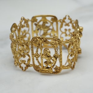 Antique Estate C1940 Italian Florentine FIRENZE Fratelli FW Peruzzi Gold Vermeil .800 Silver Wide Filigree Souvenir Bracelet  6.75&quot; - 7&quot;