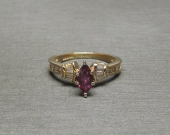 Vintage Estate 14K Gold 0.99TCW Marquise Ruby Solitaire, Brilliant & Baguette Diamond Engagement Ring / Ruby Baguette Ring  Sz 5.25