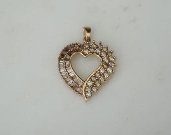 Champagne Diamond Heart / Vintage Estate 10K Gold 1.50TCW Round & Baguette Golden Champagne Diamond Heart Pendant  1"
