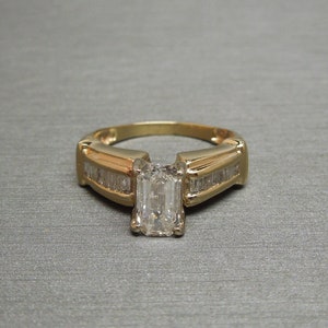 Vintage Estate 14K Gold 1.64TCW Traditional Emerald cut Diamond Solitaire & Baguette Engagement Ring / 1 carat Emerald cut Diamond  Sz 6.75
