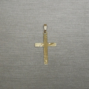Art Deco Gold Cross / Unisex Antique Estate C1940 14K Gold Hand Engraved Simplistic Detail Cross Pendant  1 1/8&quot; x 1/2&quot;