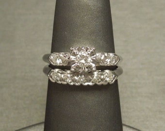 Vintage Estate C1950 14K White Gold 0.52TCW Square Illusion Round Brilliant Diamond Solitaire Engagement Wedding Ring 2PC Set