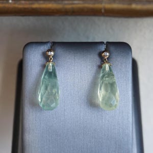 Green Amethyst Earrings / Vintage Estate 14K Gold Multi-Faceted Briolette Green Amethyst & Diamond Teardrop Dangle Drop Earrings 1 1/8"