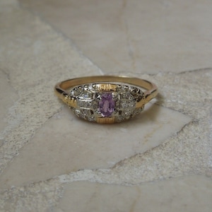Art Deco Estate C1940 14K Gold 0.56TCW Lavender Sapphire Solitaire & Diamond Engagement Ring / Purple Sapphire Ring  Sz 10