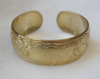 Gold Cuff Bracelet / Vintage Estate 1980s Gold Vermeil Sterling Silver Hand Engraved Victorian Motif Monogram Initial Cuff Bracelet  7.25"