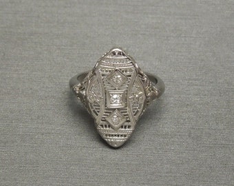 Antique Estate Circa 1910 14K White Gold Filigree 0.11TCW Three Diamond Dinner Ring / Antique Shield Ring  Sz 7.5