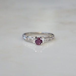 Platinum Ruby Ring / Vintage Estate Hand Engraved Platinum 0.63TCW Pigeon Blood Ruby Solitaire & Baguette Diamond Engagement Ring  Sz 6.5