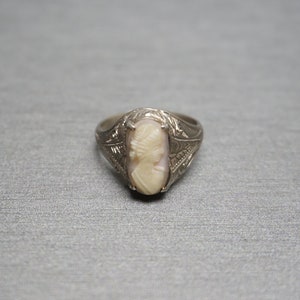 Antique Cameo Ring / Antique Pre Art Deco Estate C1910 Engraved .800 Silver Angelskin Coral Cameo Ring / Silver Cameo Ring  Sz 7.25