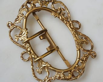 Vintage Ornate Filigree Pearl Gold Gilt Victorian Sash Belt Buckle Large Estate Victorian Large Gilded Metal Belt Sash Buckle main image 3
