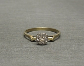 Mid Century Estate C1960 14K Gold 0.05ct Brilliant Champagne Diamond Solitaire Rosette Engagement Ring / Diamond Rose Ring  Sz 6.5