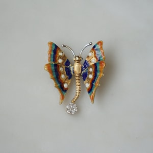 Italian Mid Century Estate C1960 18K Gold European Enamel 0.16TCW Brilliant Diamond Cluster Butterfly Pin Pendant / Gold Enamel Butterfly