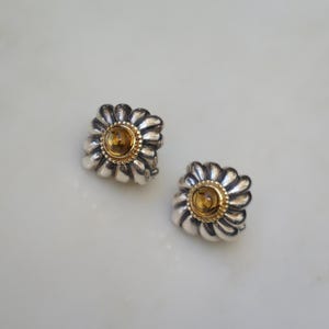 Citrine Earrings / Vintage Estate Sterling Silver & 18K Gold Bezel 1TCW Citrine Sphere Square Stud Pierced French Clip Back Earrings  0.75"