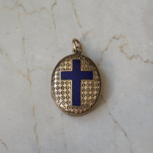 Antique Estate Circa 1860 9KT Gold Cobalt Blue Enamel Cross Locket Pendant / Antique Cross Locket / Victorian Mourning Locket  1.25&quot;
