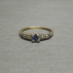 Antique Estate C1940 14K Gold 0.23TCW Square Ceylon Sapphire & Diamond Engagement Ring / Square Sapphire Ring  Sz 6
