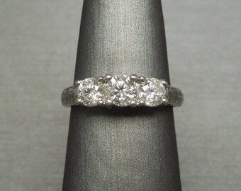 Estate 14K White Gold 1.00TCW Three Stone Brilliant Diamond Hand Engraved 'Past Present Future' Engagement Ring Sz 6