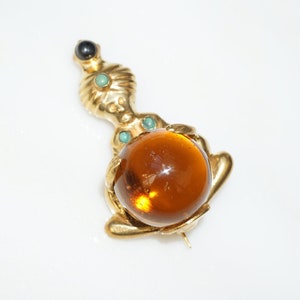 Vintage Genie Pin / Vintage Estate C1950 Gold Vermeil Sterling Silver Turquoise & Golden Orange Crystal Ball Genie Pin / Genie Brooch  2&quot;