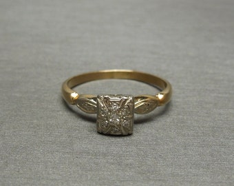 Antique Pre Art Deco Estate C1930 14K Gold 0.10TCW Old Round Single cut Square Diamond Illusion Cluster Engagement Ring Sz 8.5