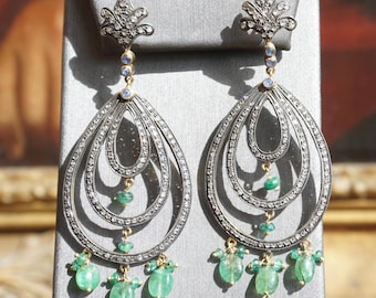 Chandelier Earrings / Vintage Estate .900 Silver + 14K Gold 8.50TCW Emerald & Rose cut Diamond Edwardian Chandelier Dangle Earrings  2.5"
