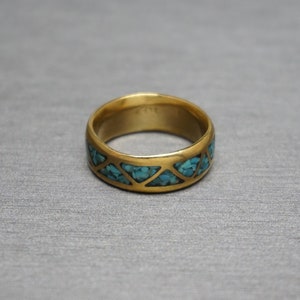 Vintage Estate C1970 Gold Vermeil Sterling Silver Inlaid Turquoise Mosaic Eternity Wedding Band / Men's Turquoise Band  Sz 10