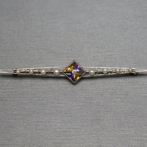 Antique Estate C1920 Platinum + 14K Gold Amethyst Citrine, European Diamond, & Pearl Bar Pin / Art Deco Bar Pin  3&quot;