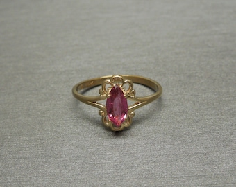 Mid Century Estate C1960 14K Gold Filigree 0.60 carat Marquise cut Pink Sapphire Solitaire Ring / Vintage Pink Sapphire Ring  Sz 6.5