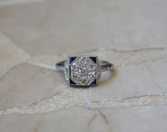 Antique Estate C1910 Engraved Platinum 0.75TCW European cut Diamond Cluster & Trillion Sapphire Eternity Band Square Engagement Ring  Sz 6