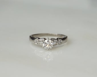 Platinum Diamond Ring / Vintage Estate Platinum 0.72TCW Round Solitaire & Baguette Diamond Mid-Century Art Deco Engagement Ring  Sz 5.75