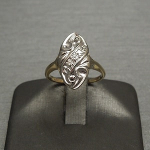 Mid Century Estate C1960 10K Two Tone Gold 0.05TCW Three Diamond Shield Ring / Diamond Navette Ring  Sz 3.75