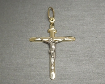 RESERVED ON HOLD / Unisex Men's Vintage Italian Estate 14K Gold True Jesus Image Crucifix Religious Large Cross Inri Pendant  2" x 1 1/8"