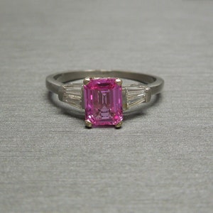 Vintage Estate C1960 Platinum 1.76TCW Emerald cut Natural Vivid Pink Sapphire Solitaire & F G VVS Diamond Baguette Engagement Ring Sz 7.75