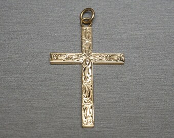 Unisex Antique Estate Circa 1940 10K Gold Floral Engraved Cross Pendant / Antique Gold Cross  2"
