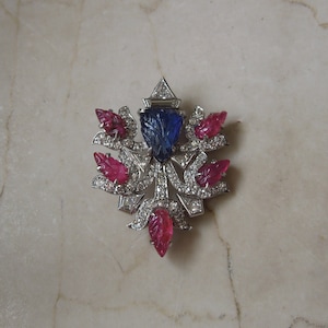 French Mid Century Estate C1960 Platinum Carved Ruby & Sapphire Trillion cut Diamond Bouquet Pin / Platinum Brooch  1.25&quot; x 1&quot;