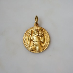 St. Christopher Protect Us Medal / Mid Century Estate C1960 Gold Vermeil Sterling Silver Saint Christopher Circular Medal Pendant  1.25&quot;