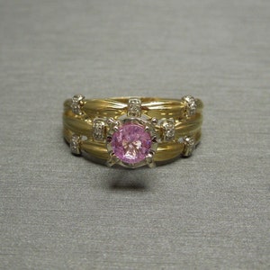 Vintage Estate 18K Gold 0.75TCW Pink Sapphire Solitaire & Diamond Harem Band Engagement Ring / Sapphire Harem Ring  Sz 8.5