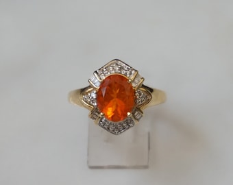 Vintage Jelly Opal Ring / Vintage Estate 14K Gold Natural Orange Jelly Opal Solitaire & Diamond Ring / Opal Engagement Ring  Sz 6.5