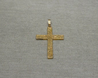 Antique Estate C1940 10K Gold Engraved Floral Victorian Style Cross Pendant / Antique Gold Cross 1.25" x 0.70"