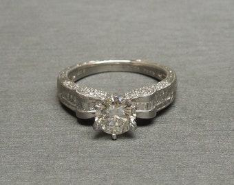 Art Deco Estate 14K White Gold Engraved 1.20 carat Brilliant Diamond Solitaire & Baguette Engagement Ring  Sz 6.75