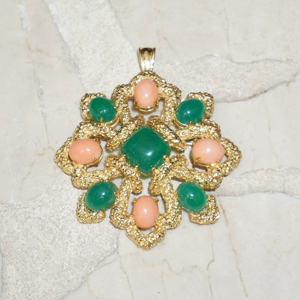 Van Cleef & Arpels Brooch / Vintage Estate C1970 18K Gold Signed Van Cleef Arpels Green Chrysoprase and Coral Pin Brooch Pendant  2 7/8"