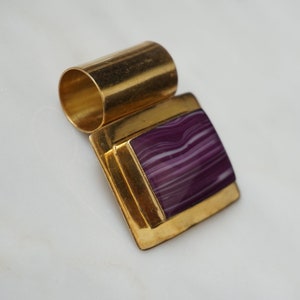 Euro Gold Slide Pendant / Unisex Vintage Estate C1970 Gold Vermeil Sterling Silver Purple &#39;Plum&#39; Layered Agate Euro Slide Pendant  1.75&quot;