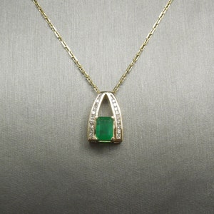 Vintage Estate 14K Gold 1.30TCW Emerald cut Emerald Solitaire & Channel Diamond Retro Art Deco Slide Pendant w/ 17.75&quot; Double Link Chain