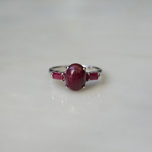 Platinum Ruby Ring / Vintage Mid Century Estate C1960 Platinum 3.76TCW Oval 3 carat Ruby Solitaire & Ruby Baguette Engagement Ring  Sz 5.5