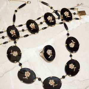 Victorian Onyx Mourning Set / Victorian Estate Circa 1890 14K Gold Onyx & Pearl Ring, Bracelet, Necklace 3PC Set